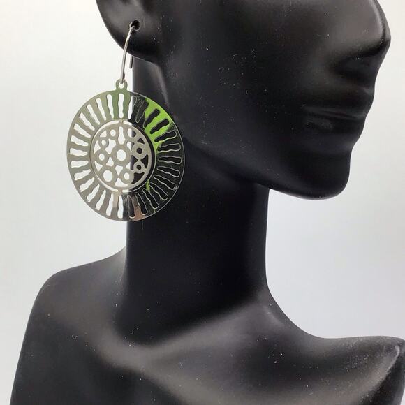 Sterling Silver Sunburst Cutout Dangle Earrings Hook 5.6g Statement Boho - Picture 3 of 13